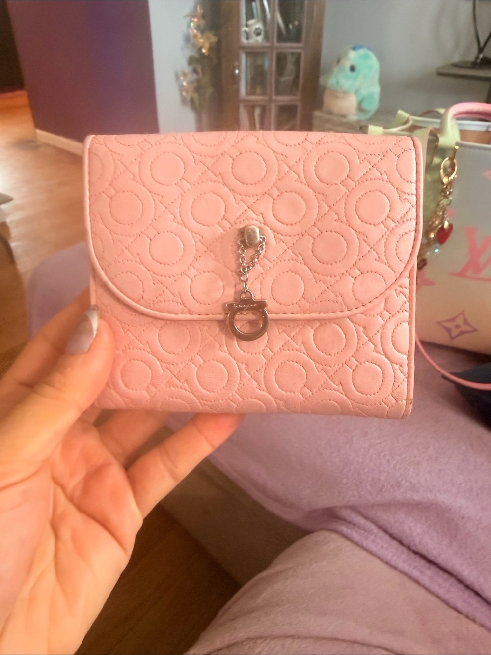 Salvatore Ferragamo Light Pink Quilted Leather Compact Wallet with Gancini Charm